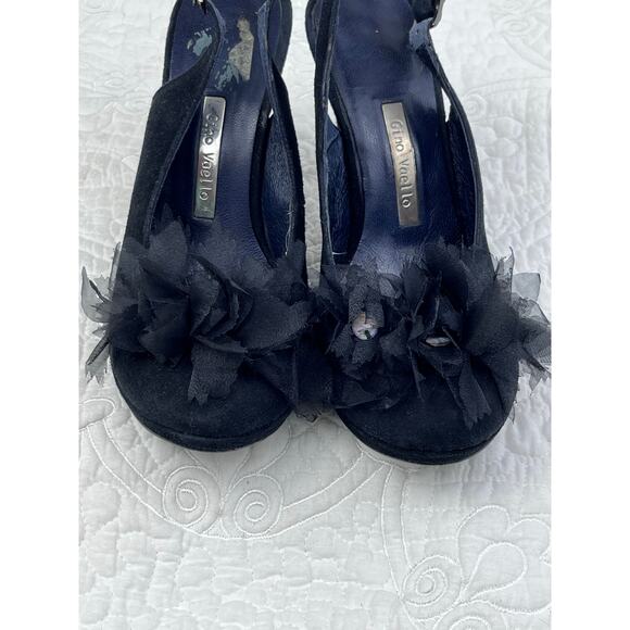 Gino Vaello Women's Size 7 Black Suede Sling Back Peek A Boo Toe Heel Pumps - Picture 6 of 10